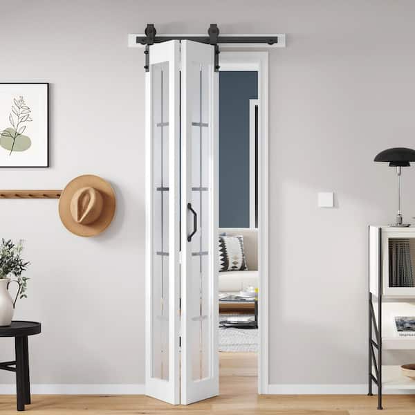 30 in. x 84 in. Full Lite Pre Assembled Frosted Glass Solid Core Wood White Finished Bi-Fold Door with Hardware