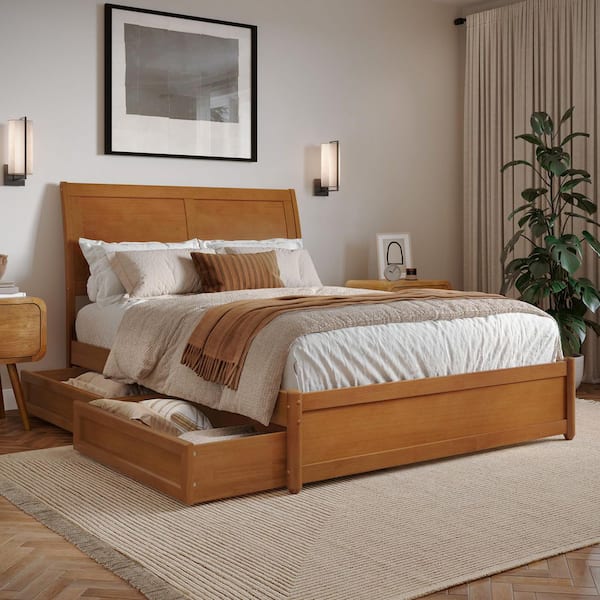 AFI Andorra Light Toffee Natural Bronze Solid Wood Frame Full Platform Bed with Panel Footboard and Storage-Drawers