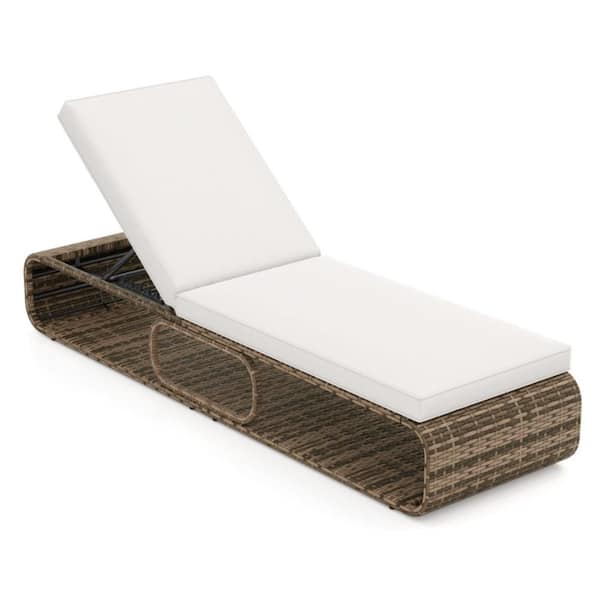 Wicker Outdoor Chaise Lounge with White Cushion, 7-Position Backrest, Patio Lounge Chair for Yard Poolside Sunbath