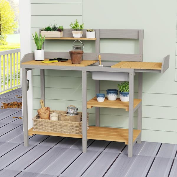 AUTMOON Outdoor Wood Potting Bench Table with Sink, Garden Table Work Bench with Shelf, Workstation for Outside Patio Lawn