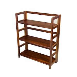 34 in. Mahogany Acacia 3-Shelf Folding Etagere Bookcase
