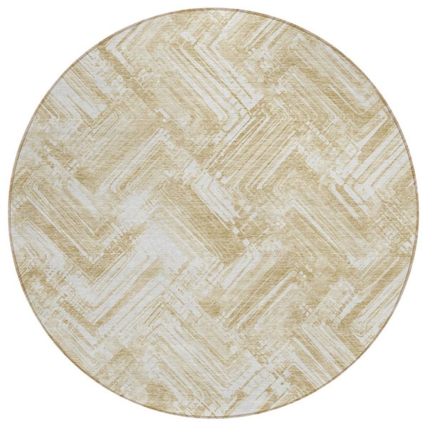 Beige, Tan, Ivory 8 ft. Round Woven Geometric Polyester Round Indoor/Outdoor Area Rug