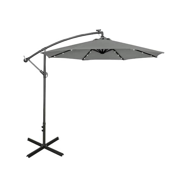 WESTIN OUTDOOR Bayshore 10 ft. Outdoor Patio Crank Lift LED Solar Powered Offset Cantilever Umbrella with Cross Base in Gray