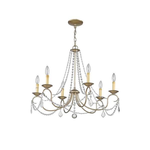 ANTQUE SILVER LEAF 6 LIGHT CHANDELIER WITH SHADES 