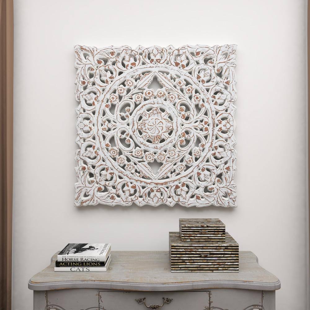 Whitewashed Wood Botanical Carved Wall Panel, 36" Square