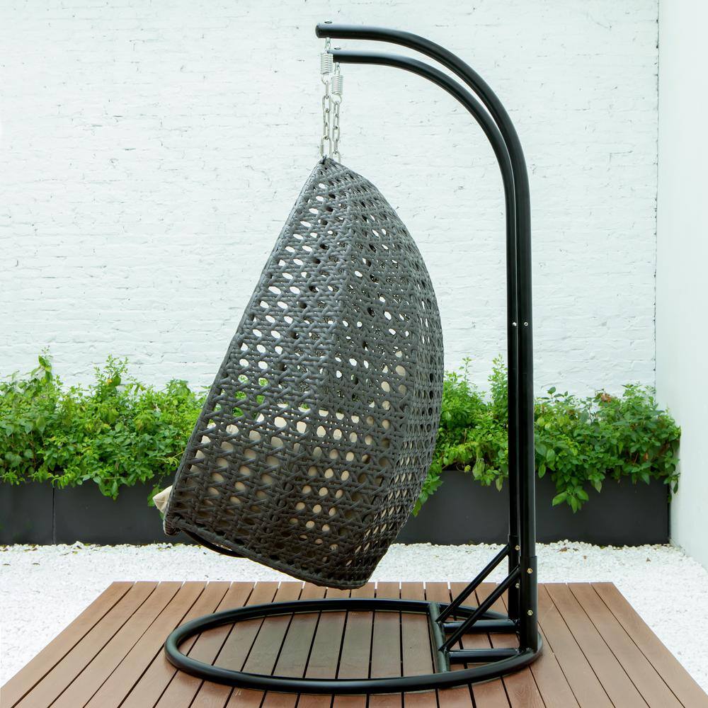 Charcoal Wicker Double Egg Hanging Chair with Taupe Cushions