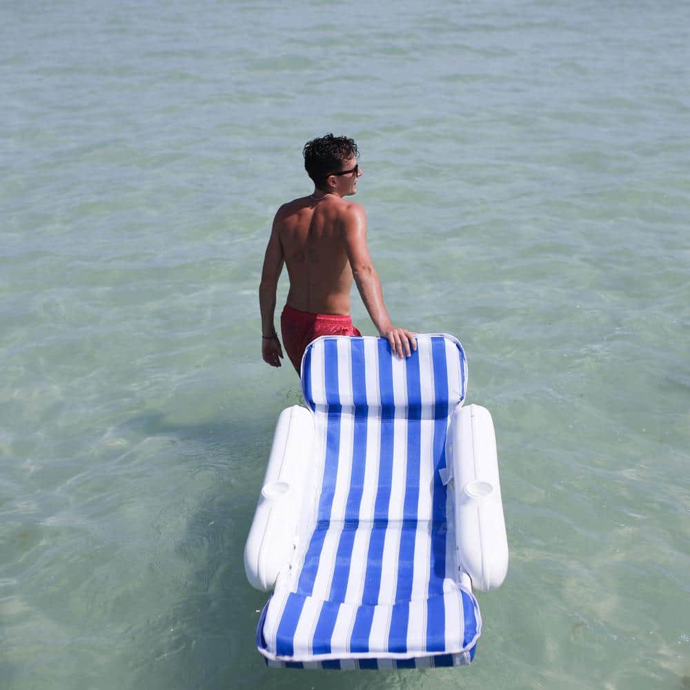 Blue and White Striped Padded Floating Pool Lounger with Cup Holders