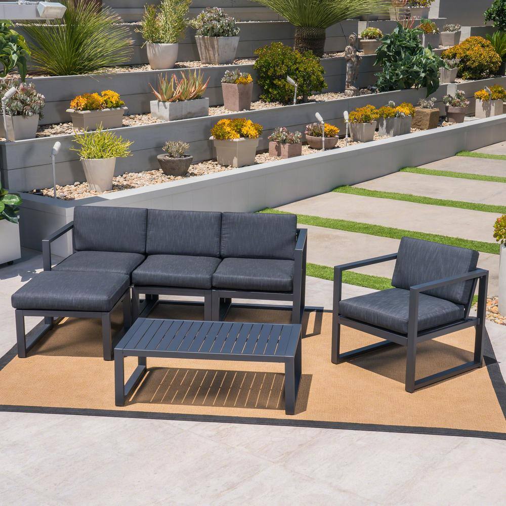 Noble House Navan Black 6-Piece Aluminum Patio Conversation Set with ...