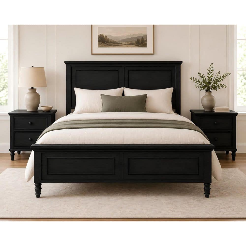 Avl Vintage Black Solid Wood Frame King Platform Bed with Panel Headboard and Footboard price history on PriceWatchPro