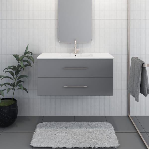 VOLPA USA AMERICAN CRAFTED VANITIES Napa 40 in. W. x 18 in. D Single Sink Bathroom Vanity Wall Mounted in Gray with Ceramic Integrated Countertop