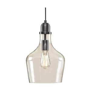 60-Watt 1 Light Bronze Shaded Pendant Light with Hand-Blown Glass Shade, Adjustable Cord and No Bulbs Included