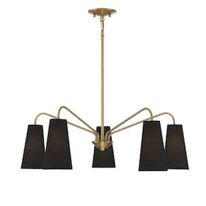 Edgewood 32 in. W x 10 in. H 5-Light Warm Brass Chandelier with Black Fabric Conical Shades
