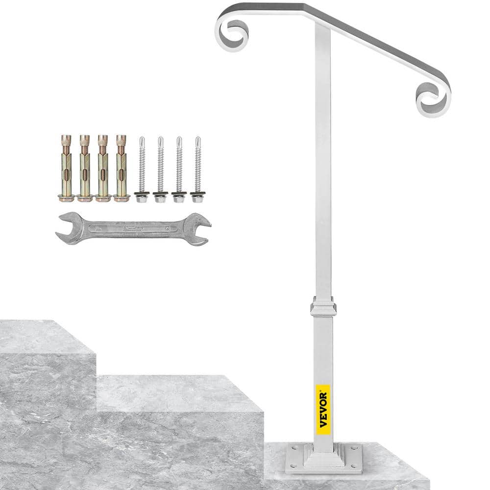Matte White Wrought Iron Single Post Handrail for 1-2 Steps