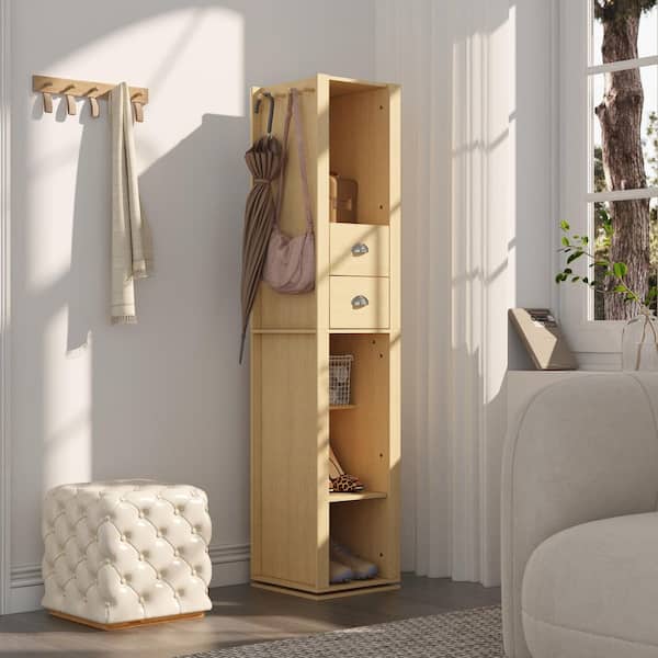 Light Natural Wood Hall Tree with Mirror, 4 Hooks, Display Shelves and 2 Drawers, 360° Rotating Entryway Organizer