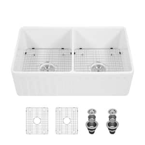 33 in Farmhouse/Apron-Front Double Bowl White Ceramic Kitchen Sink with Bottom Grids and Strainer