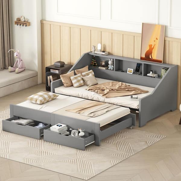 Gray Twin to King Daybed with Storage Bookcases and 2-Drawers