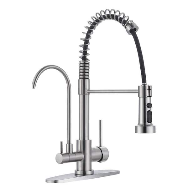 Brushed Nickel Dual-Handle 17.5 in. H Pull Down Sprayer Kitchen Faucet with Drinking Water Filler and 360° 3-Mode Spout