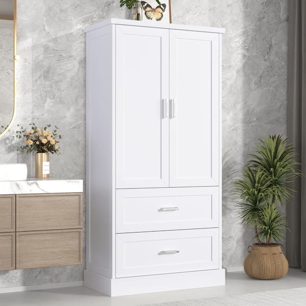 31 in. W x 16 in. D x 64 in. H White MDF Board Two Drawers Bathroom Storage Linen Cabinet
