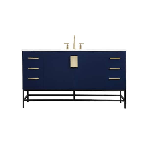 Unbranded Simply Living 60 in. W x 22 in. D x 33.5 in. H Bath Vanity in Blue with Ivory White Engineered Marble Top