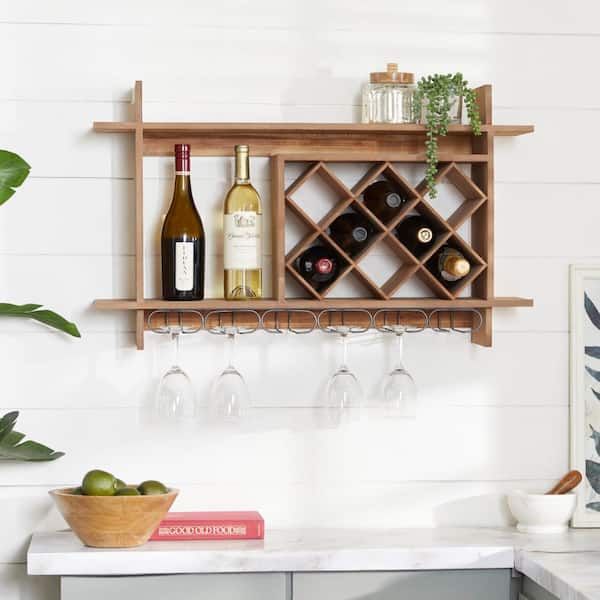 9- Bottle Brown Geometric Wall Wine Rack with 6 Glass Holder Slots