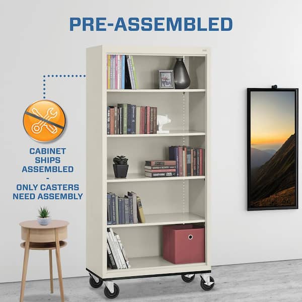 Mobile Bookcase Series 78 in. Tall Putty Steel 5-Shelf Standard Bookcase with Casters