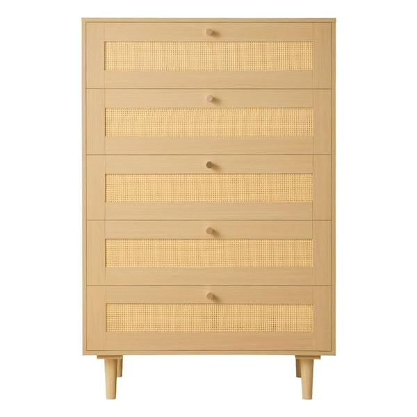 5-Drawer Rattan Dresser, Metal Handles, Wooden Legs, Modern Closet Storage Chest for Bedroom Living Room Hallway