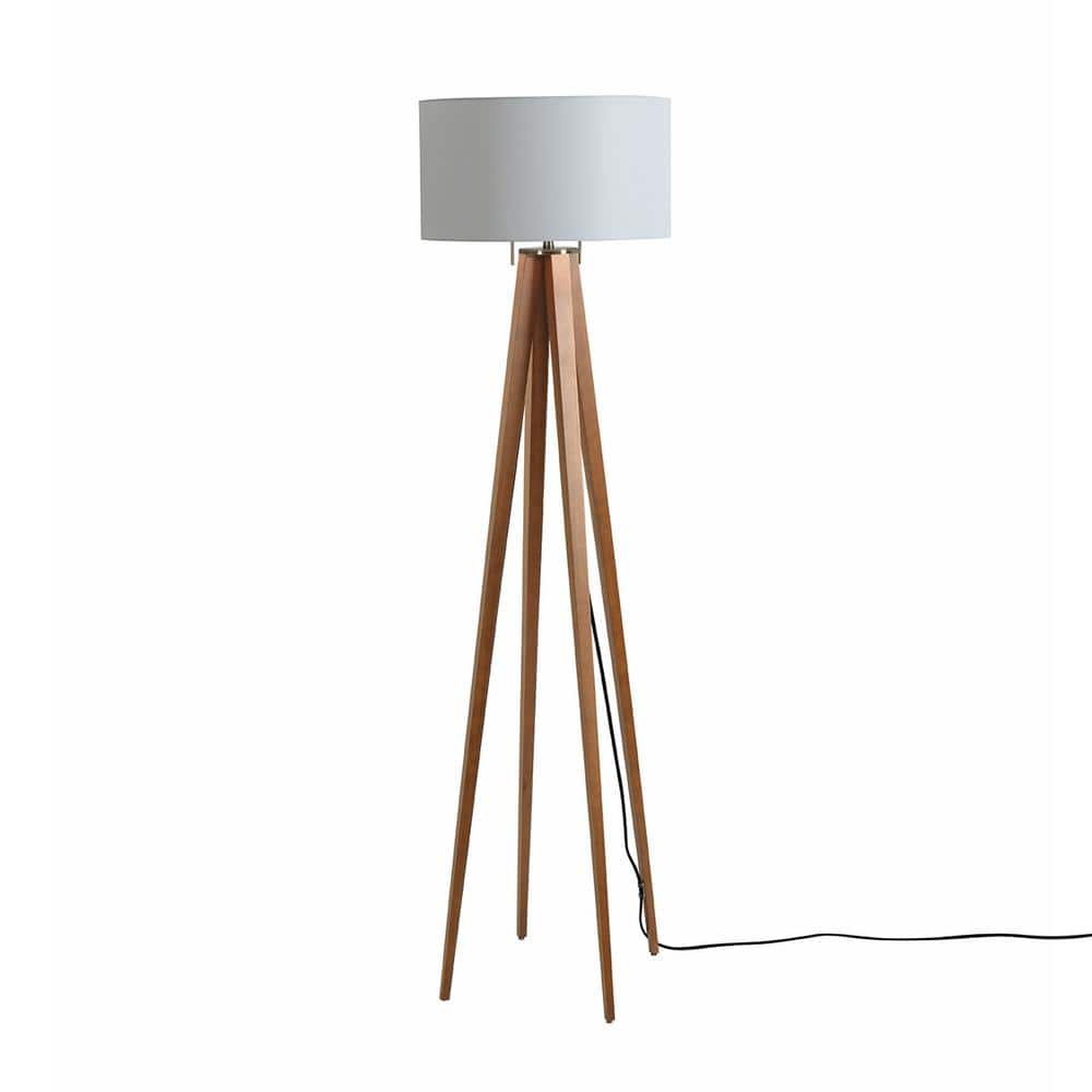 Natural Ash and Weathered Brass Floor Lamp with White Linen Shade