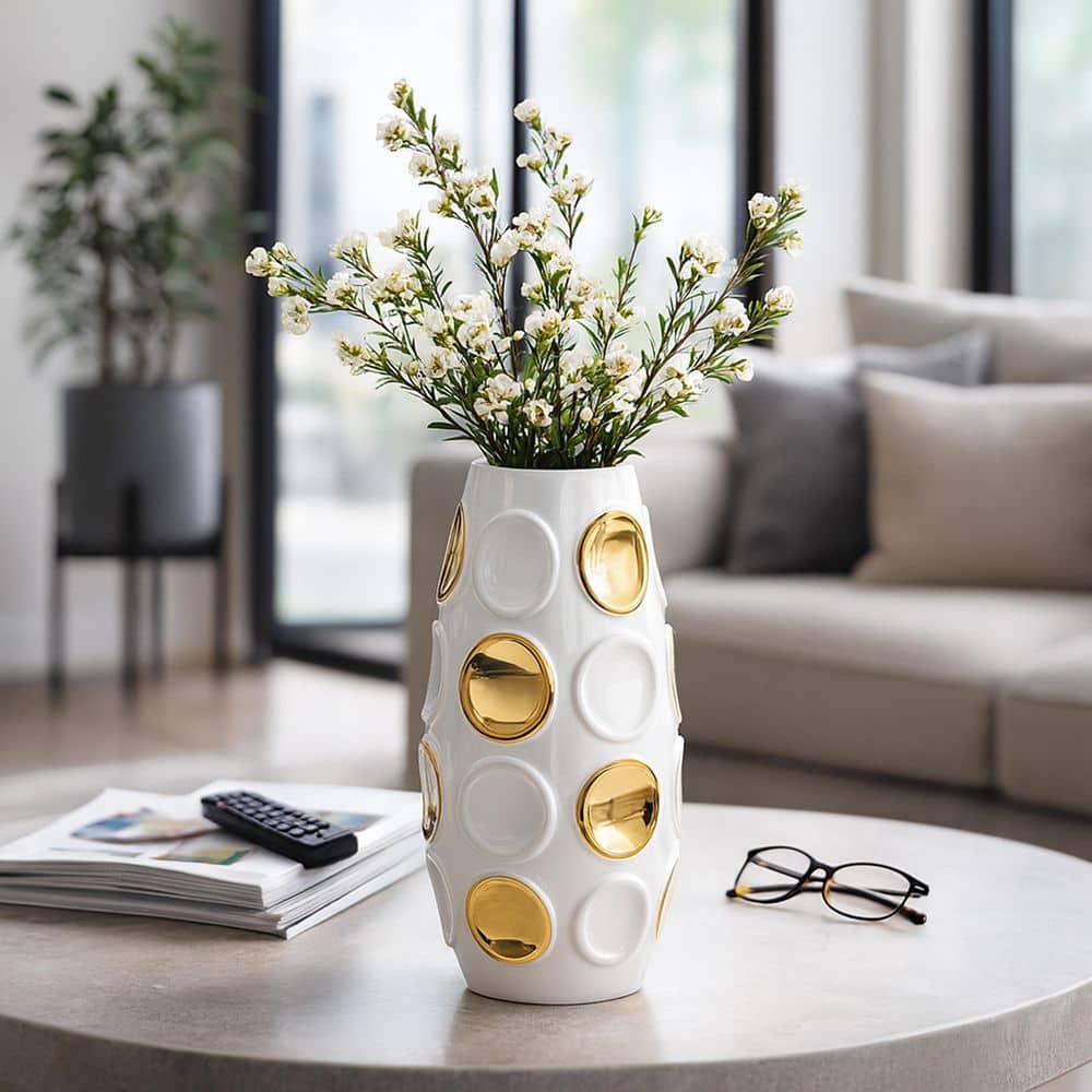 Liv & Skye 13 in. White Stoneware Round Decorative Vase with Embossed ...