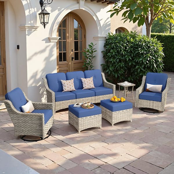 Palffy Gray 6-Piece Wicker Outdoor Patio Conversation Set with Navy Blue Cushions and Swivel Rocking Chairs