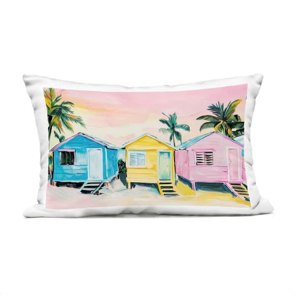 Pastel Tropical Beach Cabins Pink Rectangular Outdoor Throw Pillow
