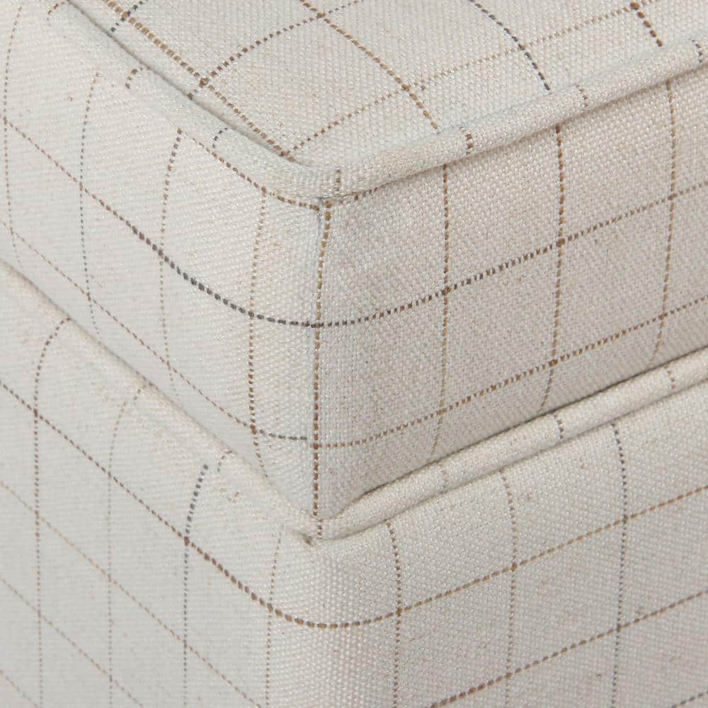 Grid-Patterned Beige and Brown Wooden Square Ottoman with Hidden Storage