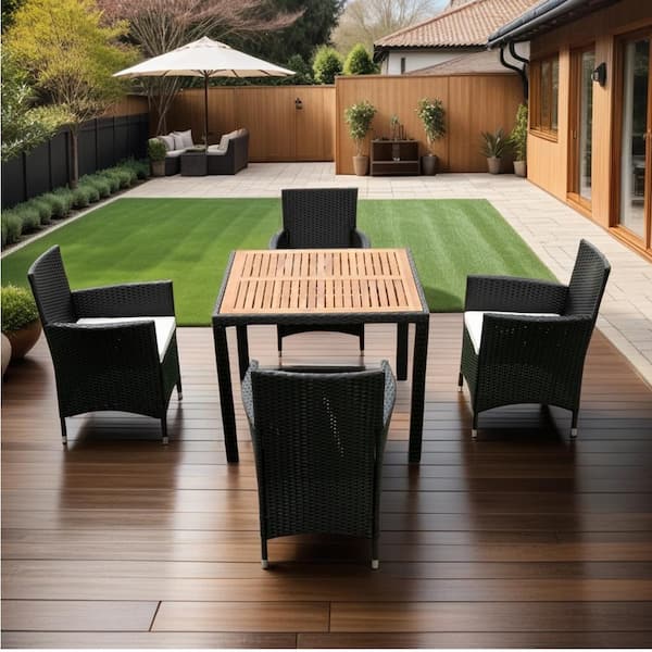 Unbranded 5 Piece Outdoor Patio Wicker Dining Table Set Furniture with Acacia Top Black Wicker + Cream Cushions
