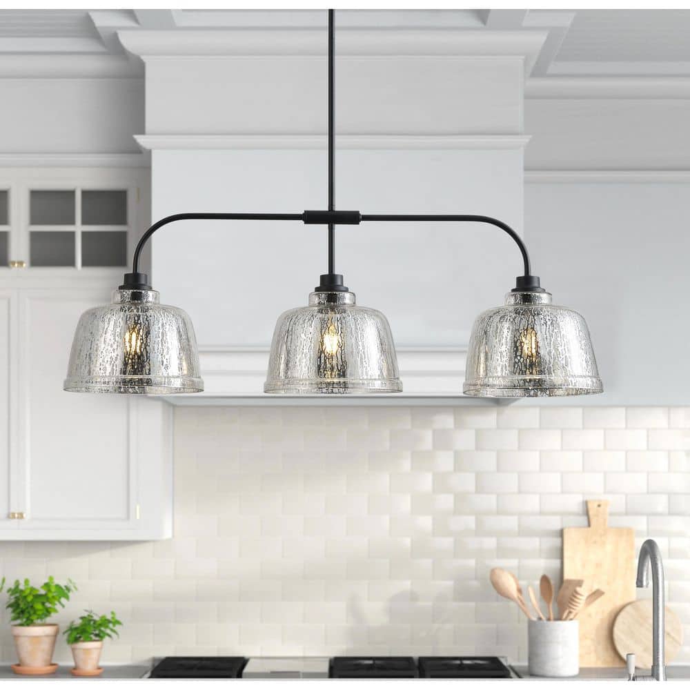 Modern 37.01 in. 3-Light Linear Matte Black Pendant Light Kitchen Island Haning Light with Clear Mercury Glass Shades price history on PriceWatchPro