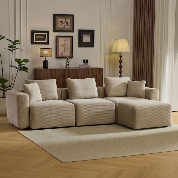 Karl home Compressed Block's Collection 112 in. W sq. Arm Corduroy L-shaped Modern Sofa in. Brown with Ottoman