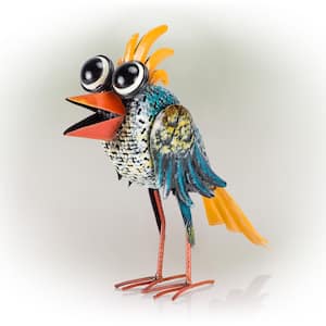 11 in. Tall Outdoor Metal Wide-Eyed Bird Standing Yard Statue Decoration, Multicolor