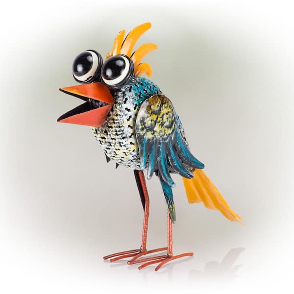 Alpine Corporation 11 in. Tall Outdoor Metal Wide-Eyed Bird Standing Yard Statue Decoration, Multicolor