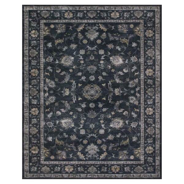 Vintage Floral Vine Washable Non-Slip Black 8 ft. x 10 ft. Area Rug