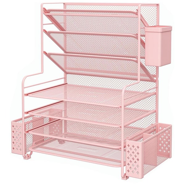 Pink 16.8 in. x 16.8 in. Metal Modern Desk Organizers with Pen Holder and Metal Hanging Basket