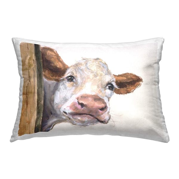 Stupell Industries Smiling Peeking Cow Tan Print Polyester 14 in. x 20 in. Throw Pillow