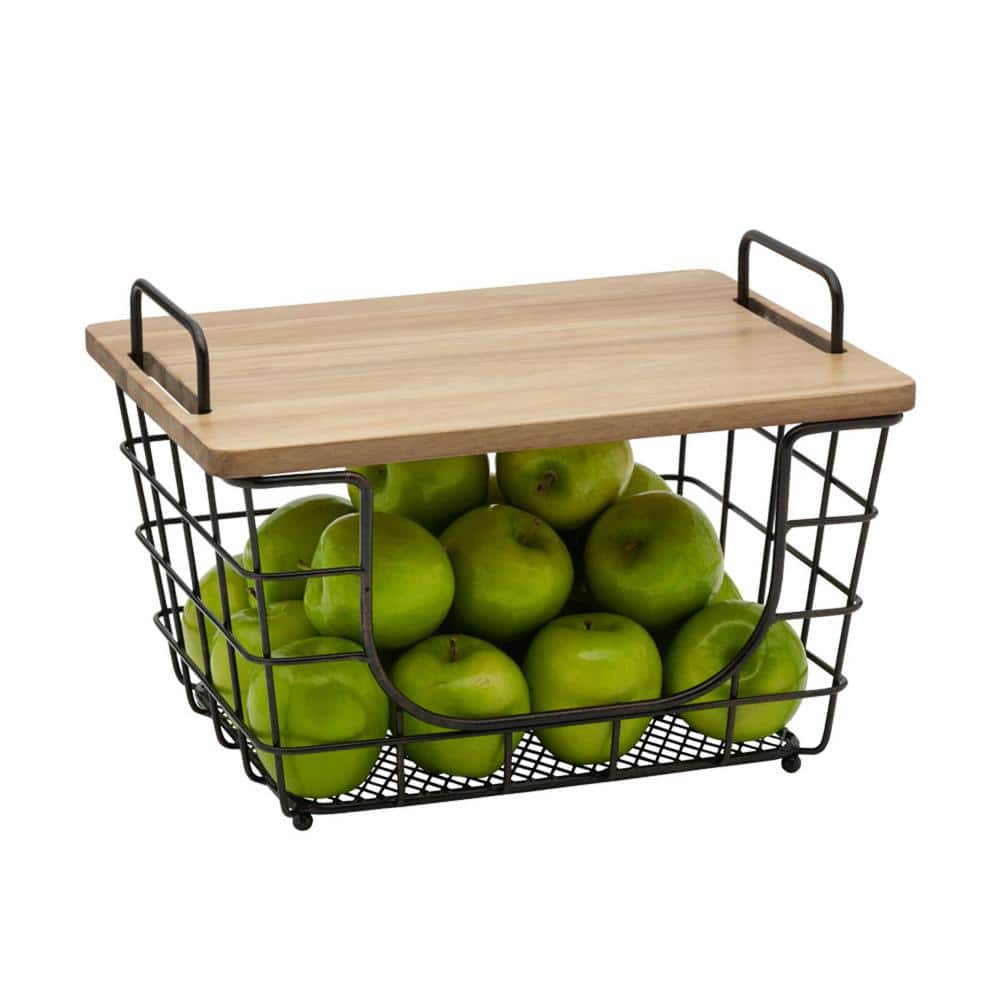 Madam Black Metal Rectangular Storage Baskets with Acacia Lid