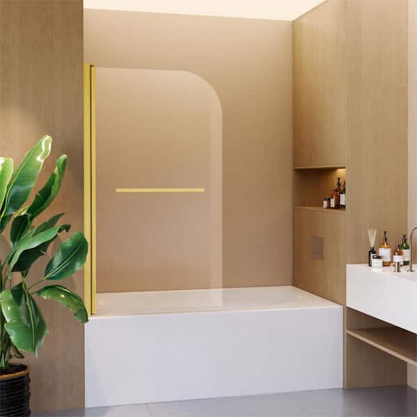31.75 in. W x 55.13 in. H Pivot Frameless Tub Door in Brushed Gold with Tempered Clear Glass