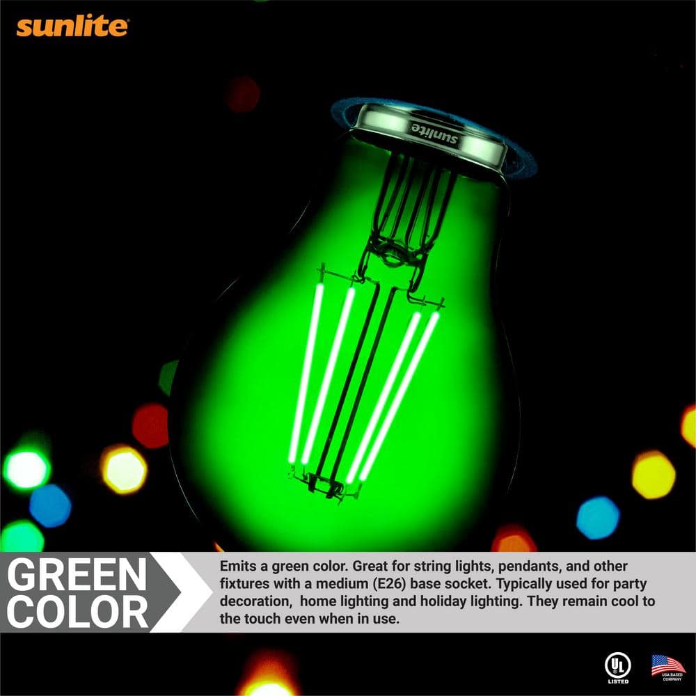 Green Dimmable A19 LED Filament Bulbs, Medium Base, 4.5 Watts