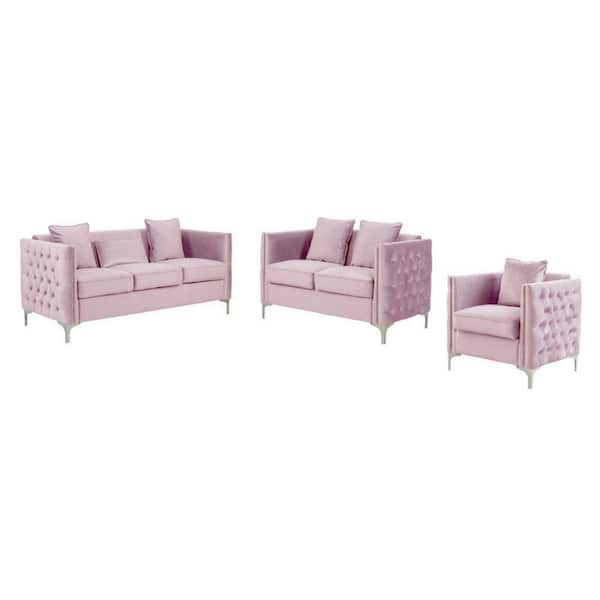 Benjara Joel 3-Piece Pink Velvet Living Room Set