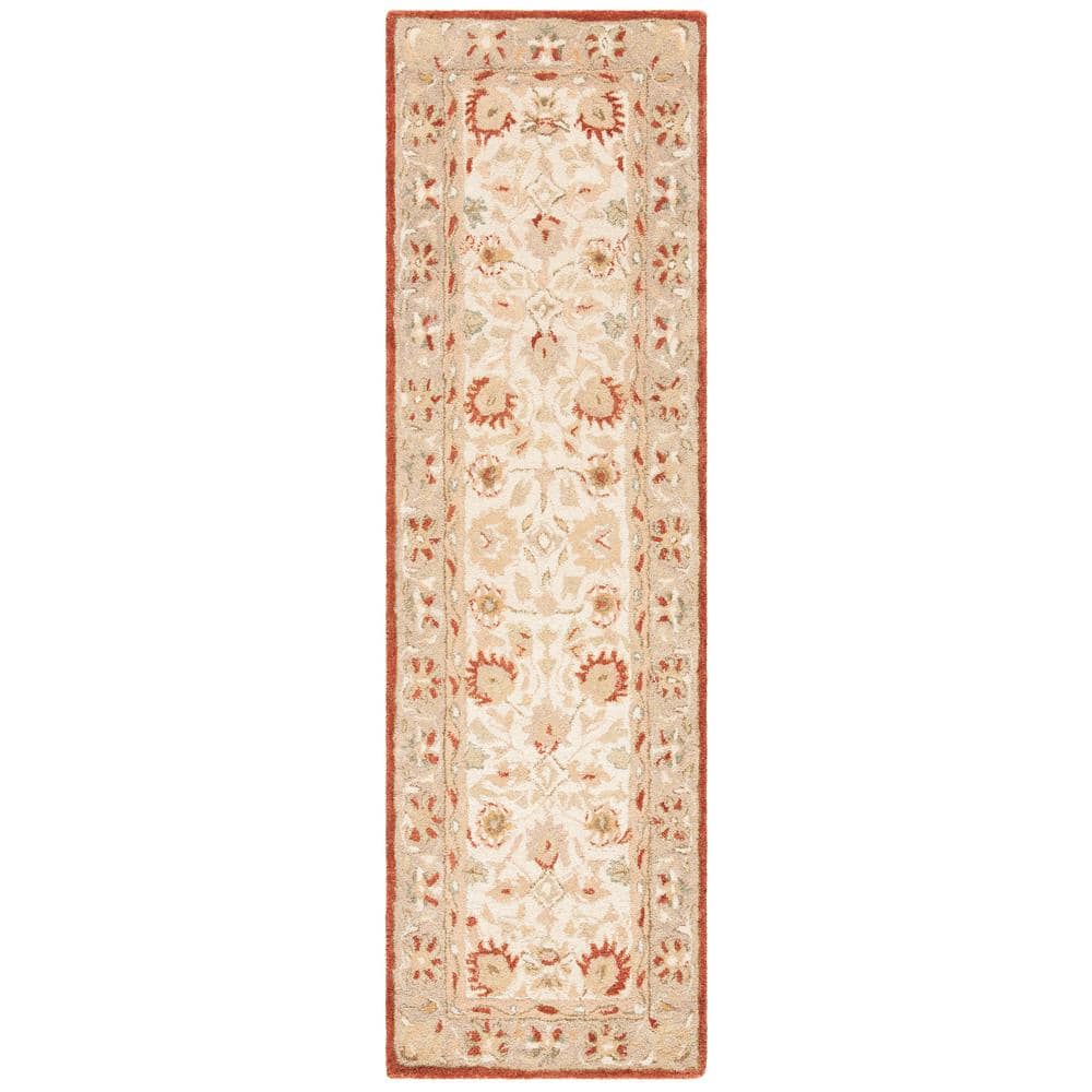 Handmade Beige and Rust Floral Wool Runner Rug