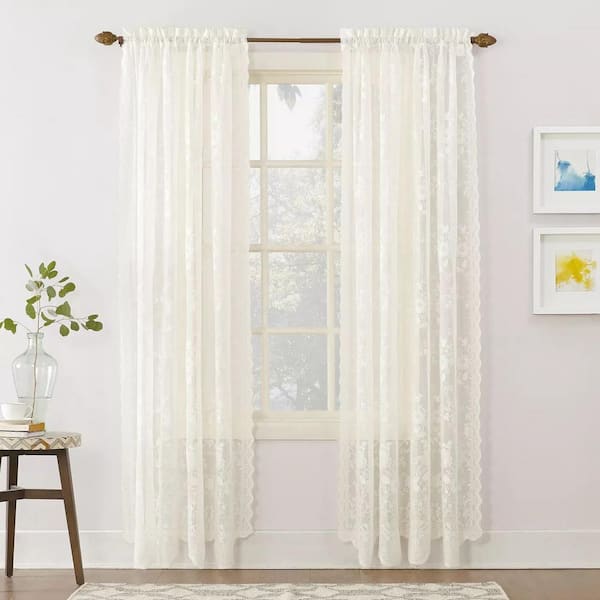 LICHTENBERG Ivory Solid Lace Rod Pocket Sheer Curtain - 58 in. W x 32 in. L