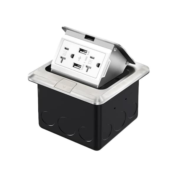 Stainless Steel 20A Tamper-Resistant Recessed Floor Electrical Outlet with 2 USB-A Ports, ETL Certified - (1-Pack)