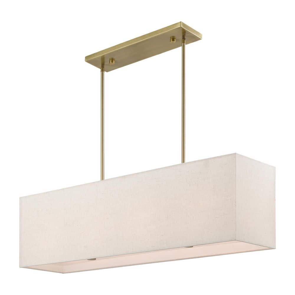 Antique Brass Linear Chandelier with Oatmeal Fabric Shade