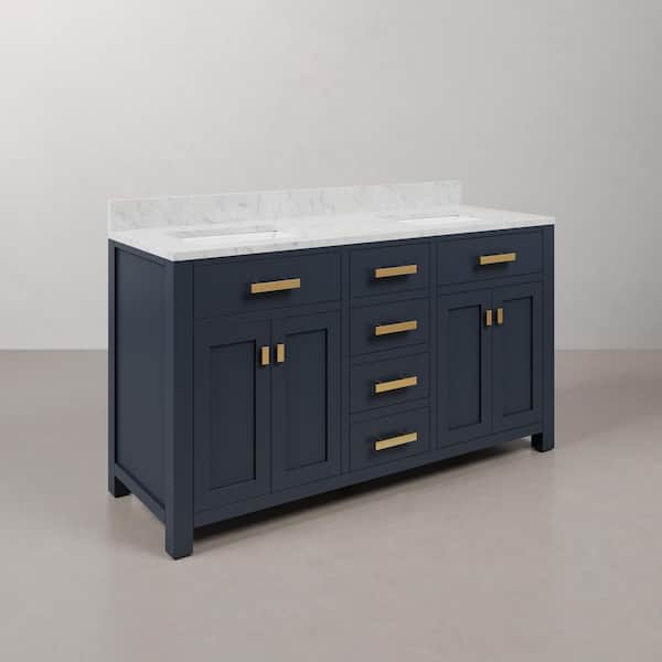 Madison 60 in. W x 21.5 in. D x 34 in. H Double Sink Bath Vanity in Monarch Blue with Carrara White Marble Top