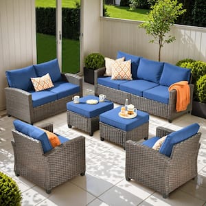 Palermo Brown 6-Piece Modern Wicker Modular Outdoor Patio Conversation Sofa Seating Set with Navy Blue Cushions