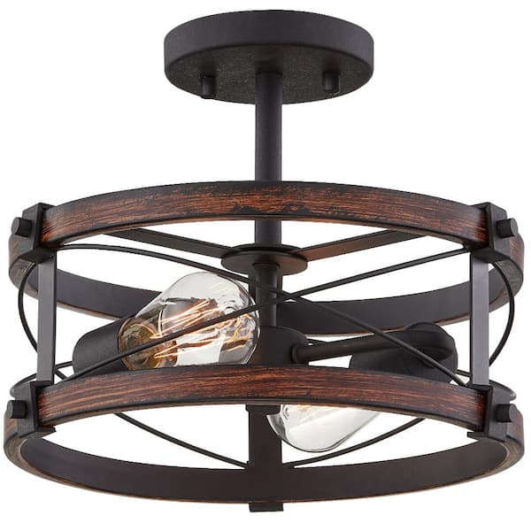 TRUE FINE Richwood 12 in. 2-Light Distressed Black/Wood Tone Rustic Semi-Flush Mount